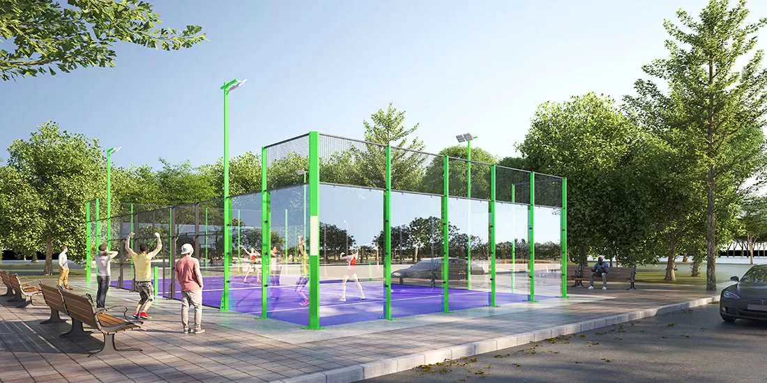 This is the padel court without canopy ordered by the customer, the foot post is thickened and the color of the post is changed to fresh and lively green, the perfect combination of purple and green makes the overall atmosphere look more energetic.